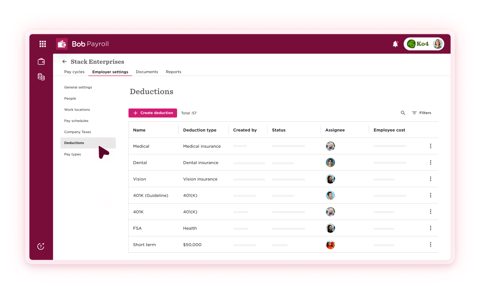 HiBob screenshot: Benefits deductions settings list