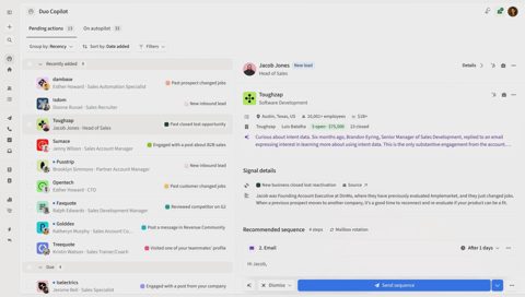 Amplemarket screenshot: Duo Copilot pending actions and lead detail