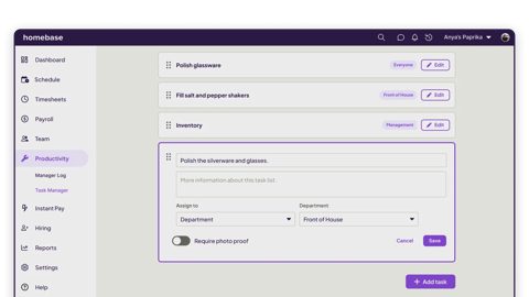 Homebase screenshot: Task manager with task editor