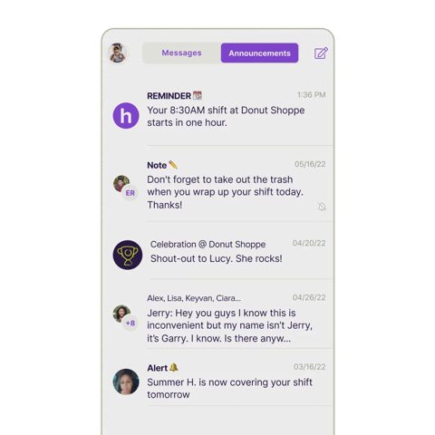 Homebase screenshot: Team messages and announcements