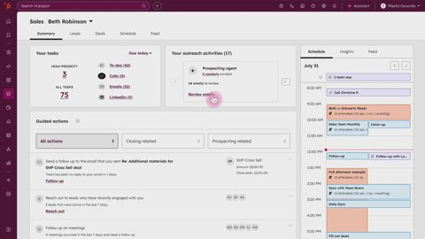 HubSpot screenshot: Sales workspace with tasks and calendar