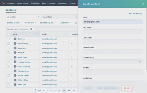 HubSpot screenshot: Contacts list with create contact panel