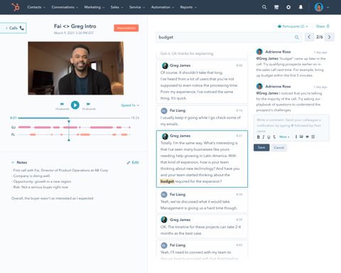 HubSpot screenshot: Call recording review with notes
