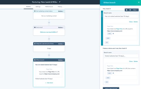 HubSpot Marketing Hub screenshot: Marketing automation workflow editor