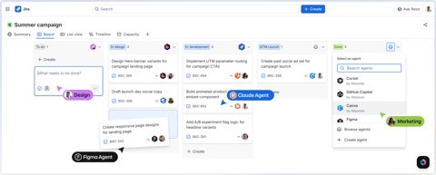 Jira screenshot: Campaign board with agent assignment