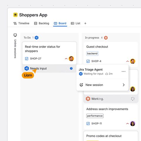 Jira screenshot: Board with AI agent working an item