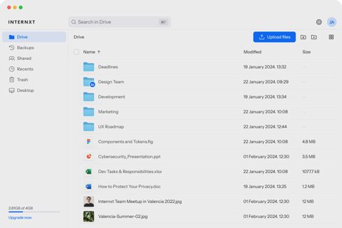 Internxt screenshot: Drive file list in the web app