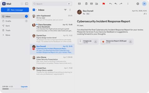 Internxt screenshot: Mail inbox with message view