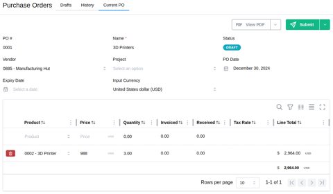 Invoiced.ai screenshot: Purchase order form