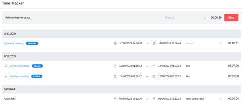 Invoiced.ai screenshot: Time tracker with logged entries