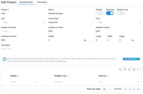 Invoiced.ai screenshot: Product edit form with reorder threshold