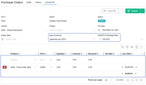 Invoiced.ai screenshot: Purchase order in foreign currency