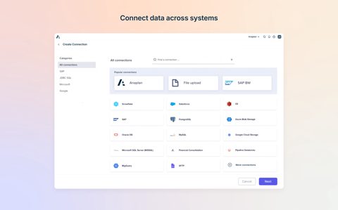 Anaplan screenshot: Create connection screen