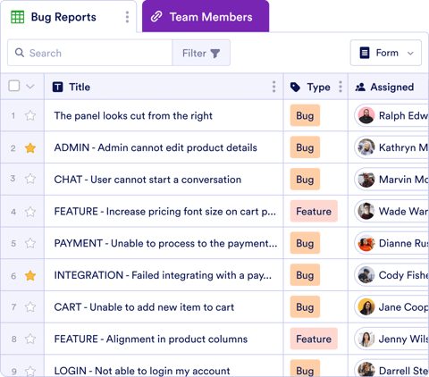 Jotform screenshot: Table view of bug reports