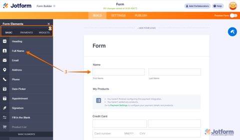 Jotform screenshot: Form builder element picker