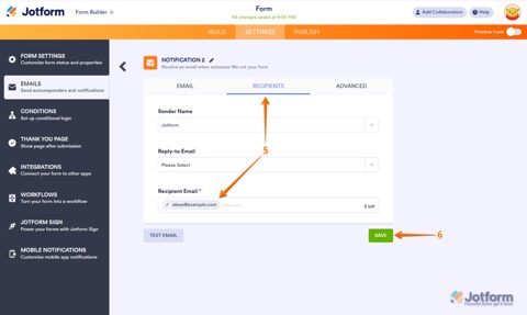 Jotform screenshot: Email notification settings