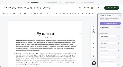 Juro screenshot: Contract editor with smartfields