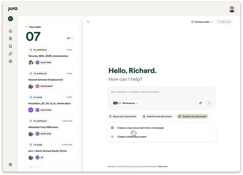 Juro screenshot: Operator home with approval tasks