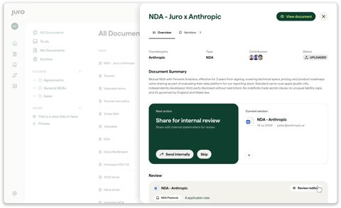 Juro screenshot: Contract summary and review panel