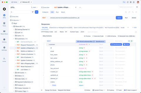 Apidog screenshot: API endpoint design with response schema