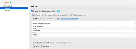 Katalon screenshot: Self-healing locator settings