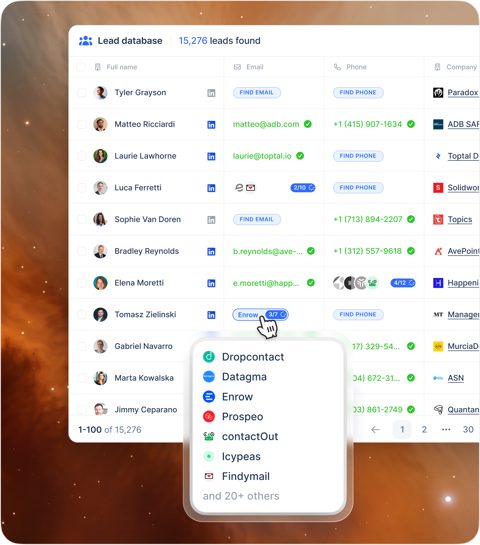 lemlist screenshot: Lead database with enrichment