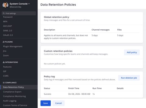 Mattermost screenshot: System Console data retention settings
