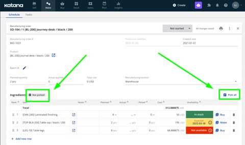 Katana screenshot: Manufacturing order with ingredients