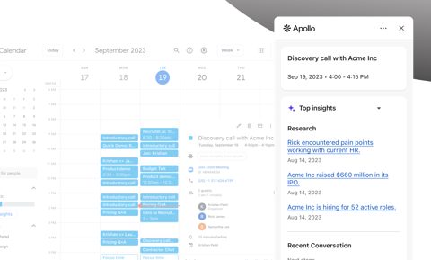 Apollo.io screenshot: Calendar with account insights panel